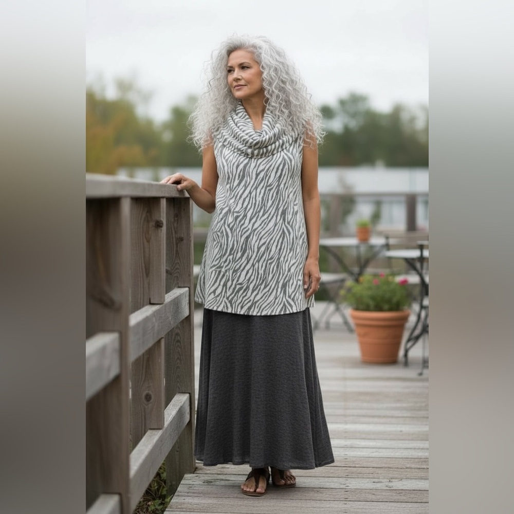 Match Point 100% Linen Grey Zebra Print Lagenlook Bohemian Tunic Mini Dress - Picture 10 of 10